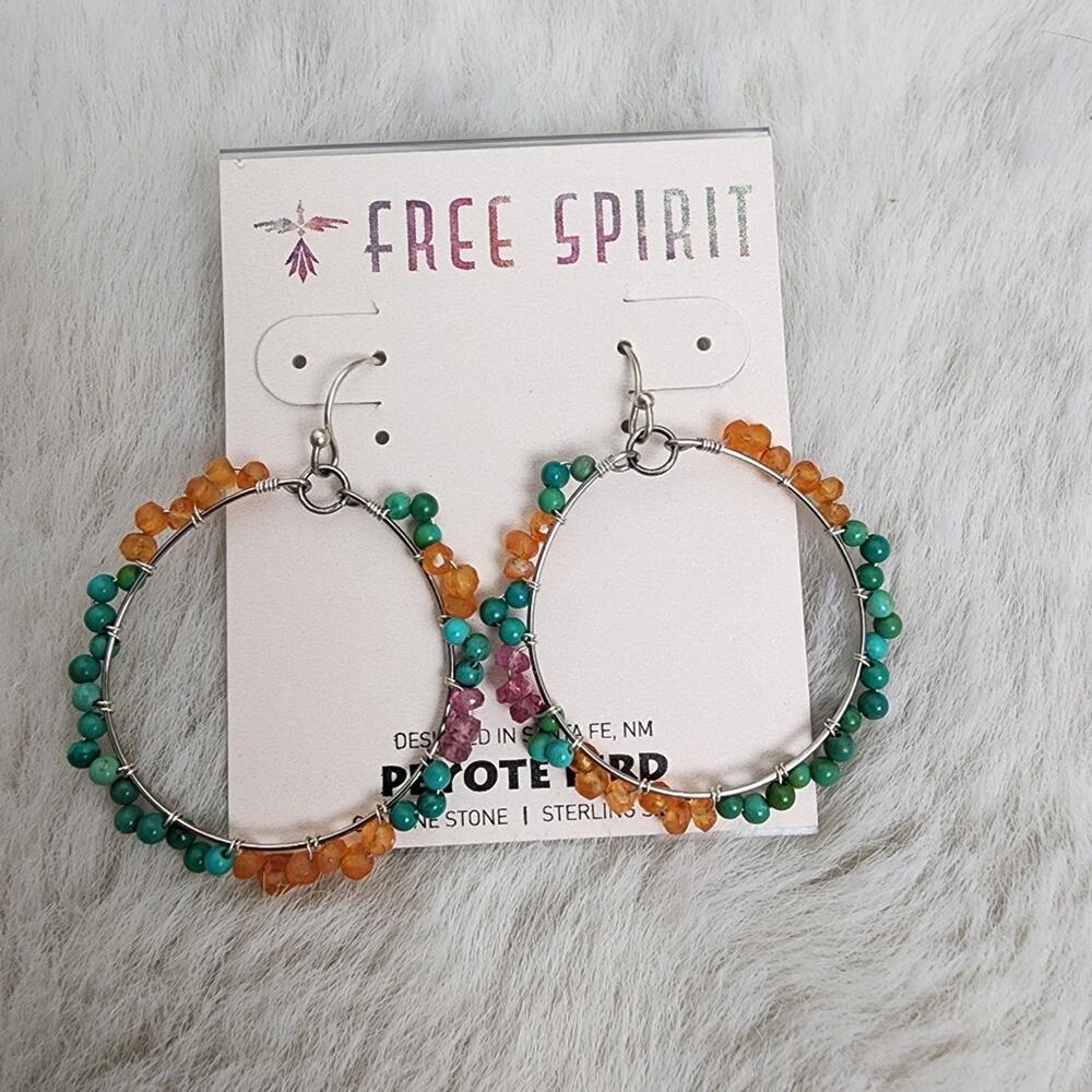 Peyote Bird Santa Fe Orange Green Purple Gemstone Beaded Hoop Earrings Silver